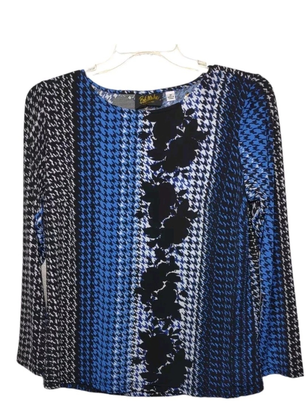 Bob Mackie Blue and Black Floral-Accent Houndstooth Long Sleeve Top